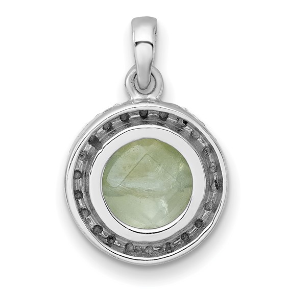 Sterling Silver Rhodium-plated Polished CZ Halo and Faceted Prehnite Circle Pendant