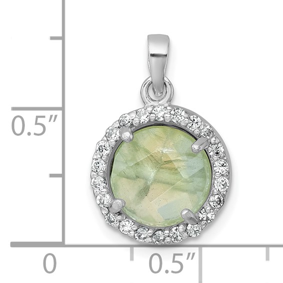 Sterling Silver Rhodium-plated Polished CZ Halo and Faceted Prehnite Circle Pendant