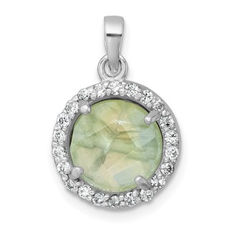 Sterling Silver Rhodium-plated Polished CZ Halo and Faceted Prehnite Circle Pendant