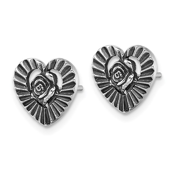 Sterling Silver Antiqued Polished Open Heart With Flower Post Earrings