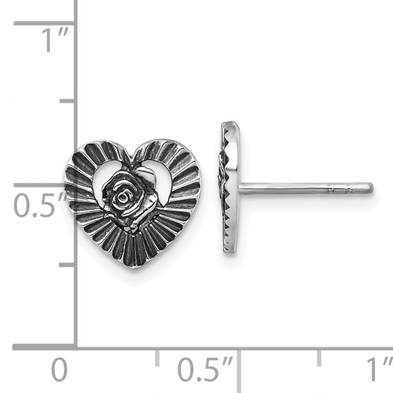 Sterling Silver Antiqued Polished Open Heart With Flower Post Earrings