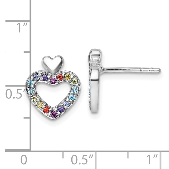 Sterling Silver Rhodium-plated Polished Rainbow CZ Double Heart Post Earrings
