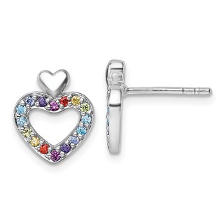 Sterling Silver Rhodium-plated Polished Rainbow CZ Double Heart Post Earrings