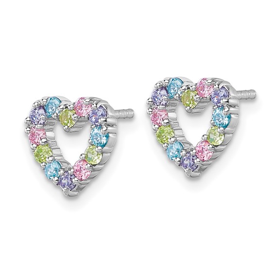 "Sterling Silver Rhodium-plated Polished Pastel Blue, Pink, Green and Purple CZ Heart Post Earrings"