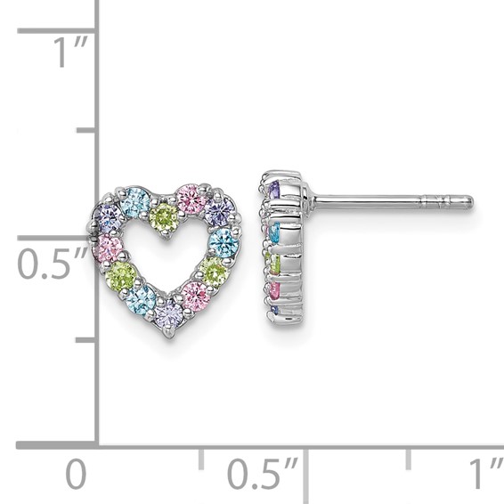 "Sterling Silver Rhodium-plated Polished Pastel Blue, Pink, Green and Purple CZ Heart Post Earrings"