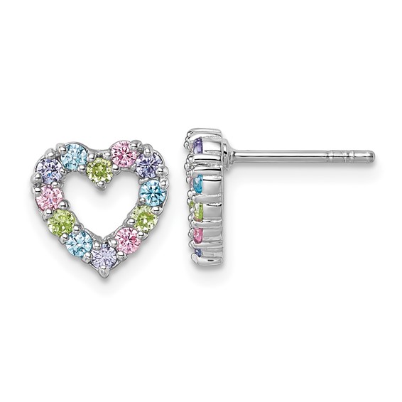"Sterling Silver Rhodium-plated Polished Pastel Blue, Pink, Green and Purple CZ Heart Post Earrings"