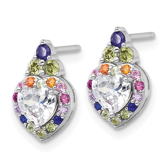Sterling Silver Rhodium-plated Polished Multi-color Rainbow CZ Heart Halo Post Earrings