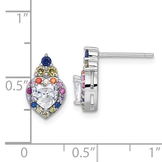 Sterling Silver Rhodium-plated Polished Multi-color Rainbow CZ Heart Halo Post Earrings