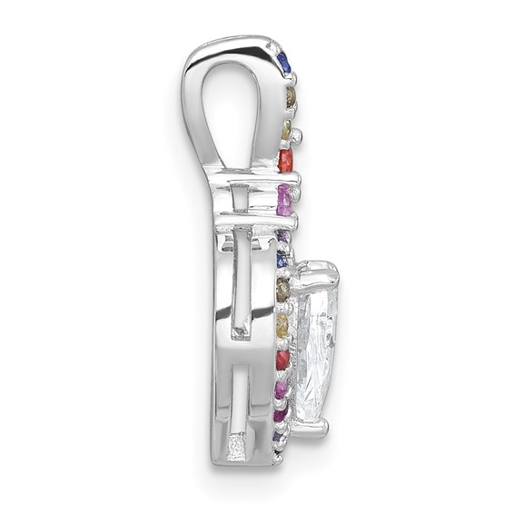 Sterling Silver Rhodium-plated Polished Multi-color Rainbow CZ Heart Halo Chain Slide Pendant
