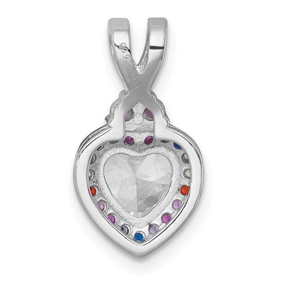 Sterling Silver Rhodium-plated Polished Multi-color Rainbow CZ Heart Halo Chain Slide Pendant