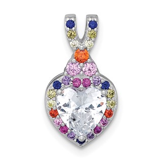 Sterling Silver Rhodium-plated Polished Multi-color Rainbow CZ Heart Halo Chain Slide Pendant