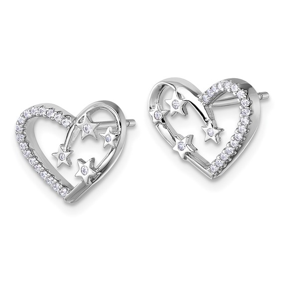 Sterling Silver Rhodium-plated CZ Polished Open Heart with Stars Post Earrings