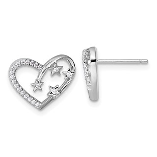 Sterling Silver Rhodium-plated CZ Polished Open Heart with Stars Post Earrings