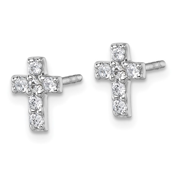 Sterling Silver Rhodium-plated Polished White CZ Cross Post Earrings