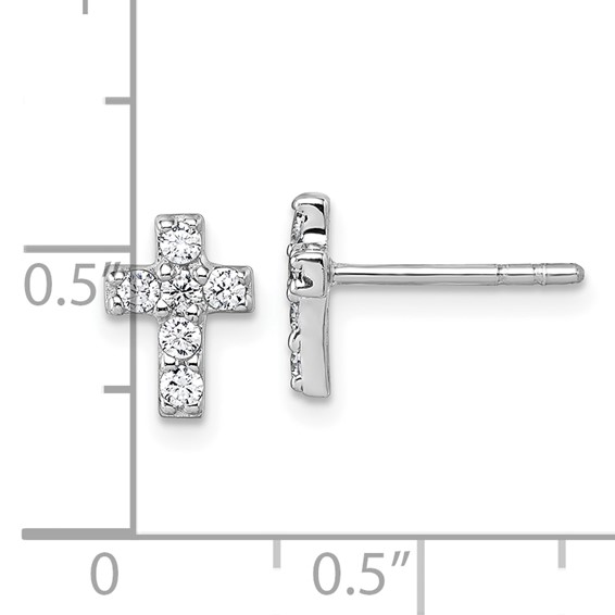 Sterling Silver Rhodium-plated Polished White CZ Cross Post Earrings