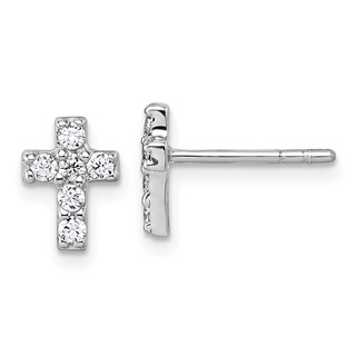 Sterling Silver Rhodium-plated Polished White CZ Cross Post Earrings