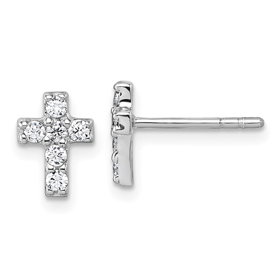 Sterling Silver Rhodium-plated Polished White CZ Cross Post Earrings
