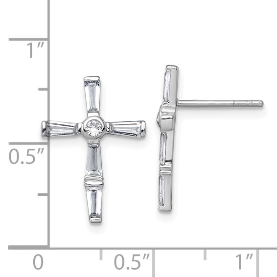 Sterling Silver Rhodium-plated Polished White Baguette CZ Cross Post Earrings