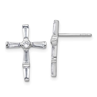 Sterling Silver Rhodium-plated Polished White Baguette CZ Cross Post Earrings