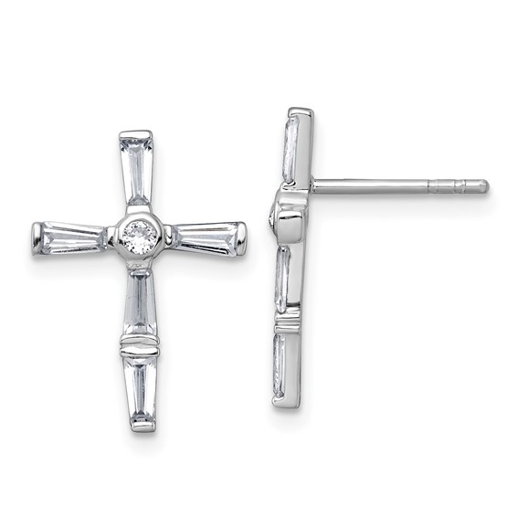 Sterling Silver Rhodium-plated Polished White Baguette CZ Cross Post Earrings