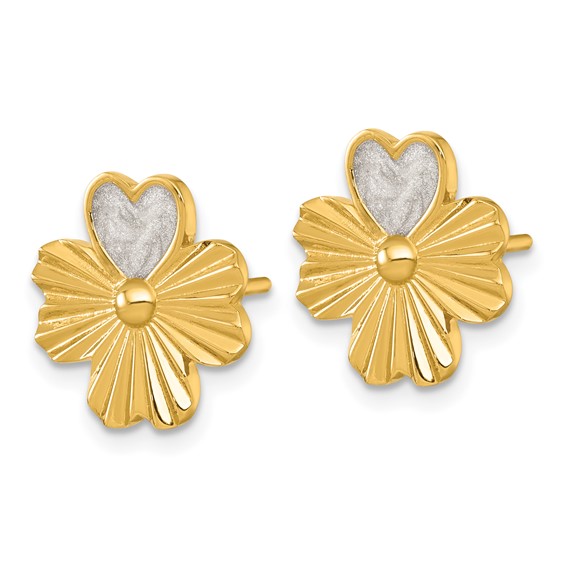 Sterling Silver Gold-tone Polished with White Enamel Lucky 4-Leaf Clover Post Earrings