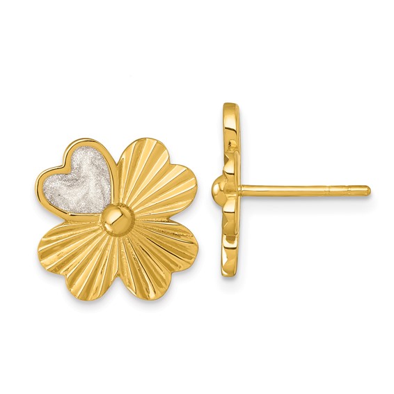 Sterling Silver Gold-tone Polished with White Enamel Lucky 4-Leaf Clover Post Earrings
