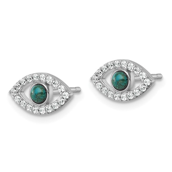 Sterling Silver Rhodium-plated Polished CZ and Compressed Turquoise Cabochon Evil Eye Post Earrings