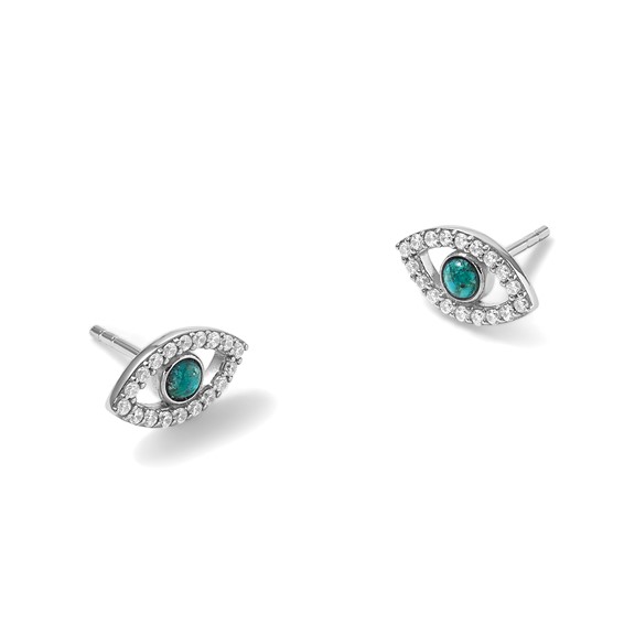 Sterling Silver Rhodium-plated Polished CZ and Compressed Turquoise Cabochon Evil Eye Post Earrings