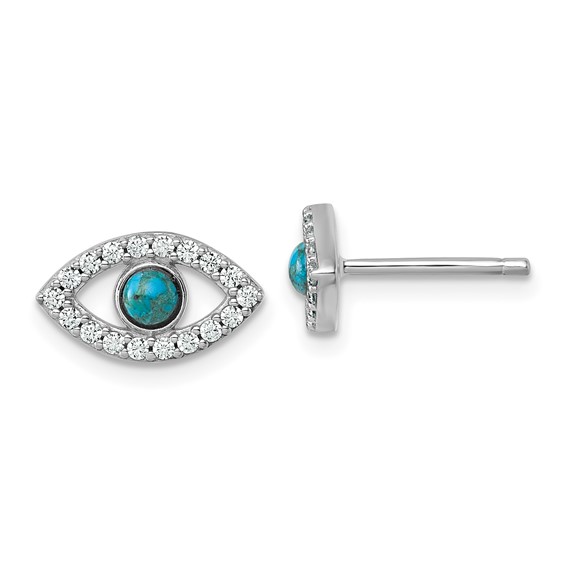 Sterling Silver Rhodium-plated Polished CZ and Compressed Turquoise Cabochon Evil Eye Post Earrings