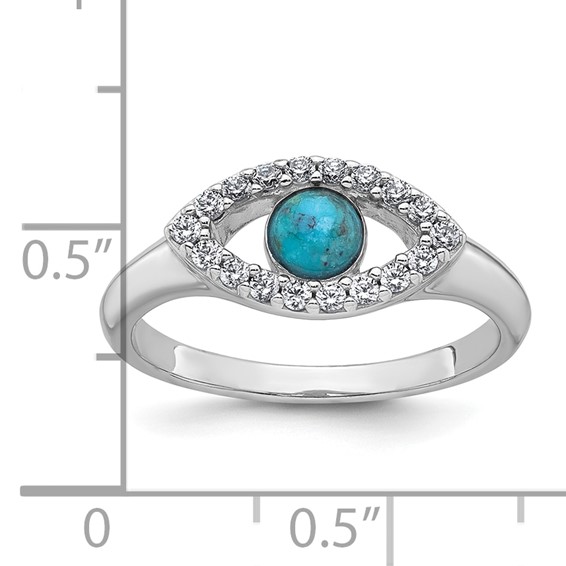 Sterling Silver Rhodium-plated Polished CZ and Compressed Turquoise Cabochon Evil Eye Size 6 Ring