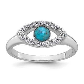 Sterling Silver Rhodium-plated Polished CZ and Compressed Turquoise Cabochon Evil Eye Size 6 Ring