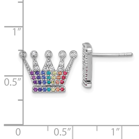 Sterling Silver Rhodium-plated Polished Rainbow Nano Crystals Crown Post Earrings