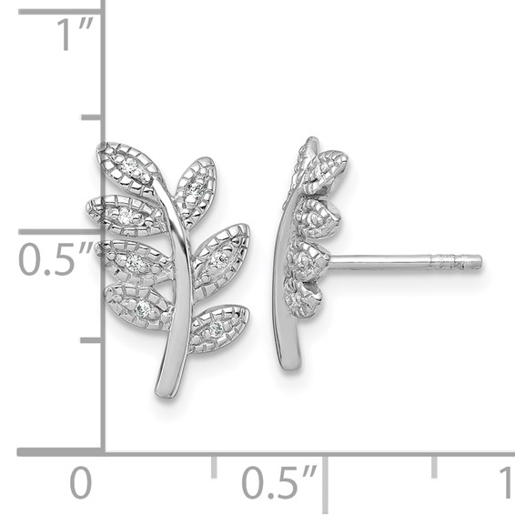 Sterling Silver Rhodium-plated Polished CZ Leaf Post Earrings