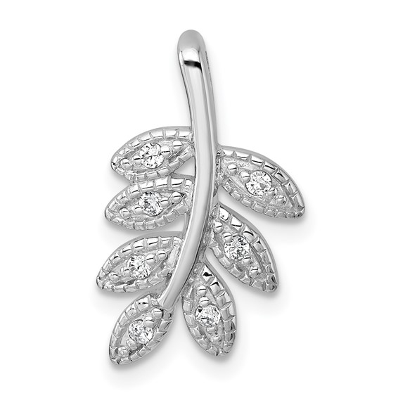 Sterling Silver Rhodium-plated Polished CZ Leaf Chain Slide Pendant
