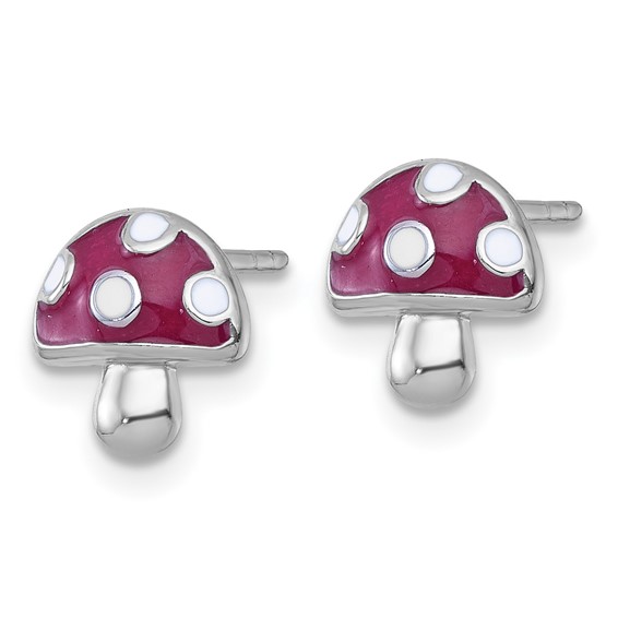 Sterling Silver Rhodium-plated Polished Red and White Enameled Mushroom Post Earrings