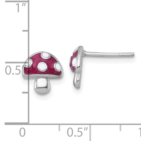 Sterling Silver Rhodium-plated Polished Red and White Enameled Mushroom Post Earrings