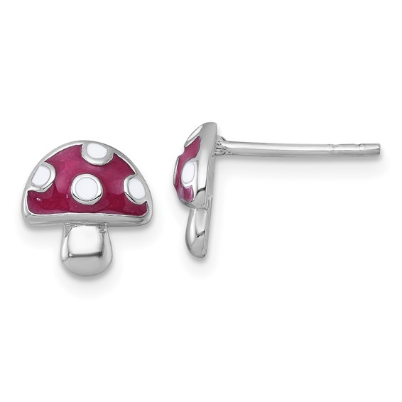 Sterling Silver Rhodium-plated Polished Red and White Enameled Mushroom Post Earrings