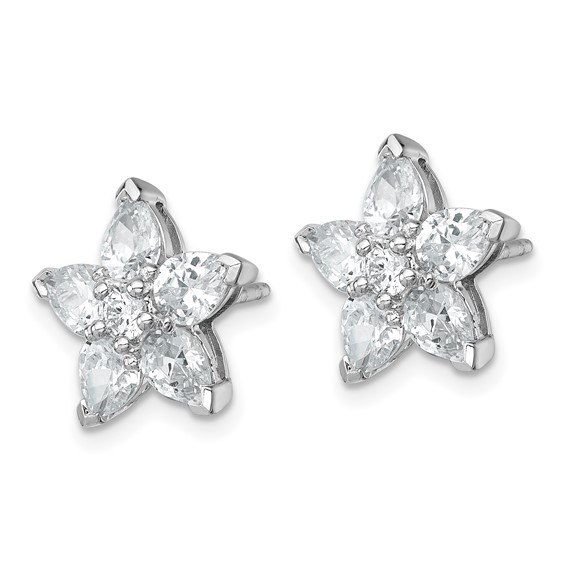 Sterling Silver Rhodium-plated Polished Round and Pear CZ Flower Post Earrings