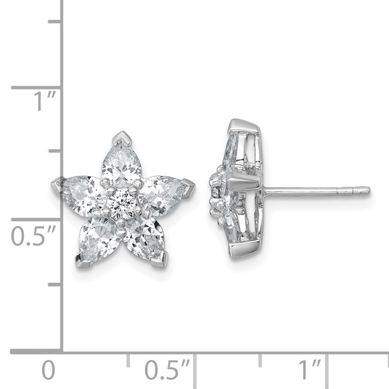 Sterling Silver Rhodium-plated Polished Round and Pear CZ Flower Post Earrings