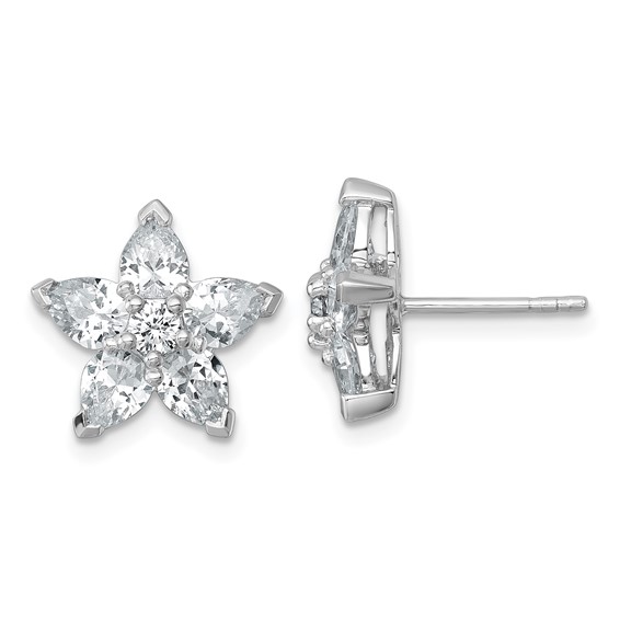 Sterling Silver Rhodium-plated Polished Round and Pear CZ Flower Post Earrings