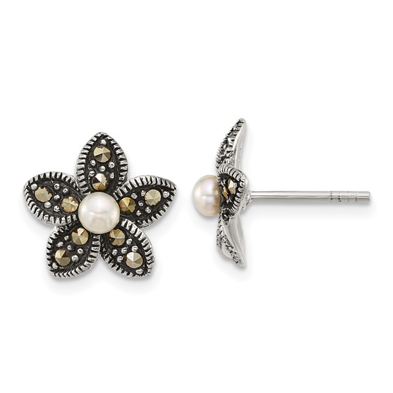 Sterling Silver Antiqued Marcasite and Freshwater Cultured Pearl Fancy Flower Post Earrings