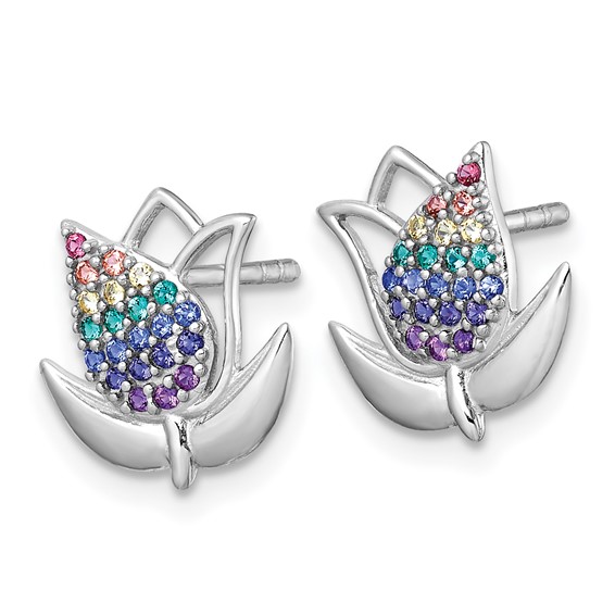 Sterling Silver Rhodium-plated Polished Rainbow Nano Crystals Tulip Post Earrings