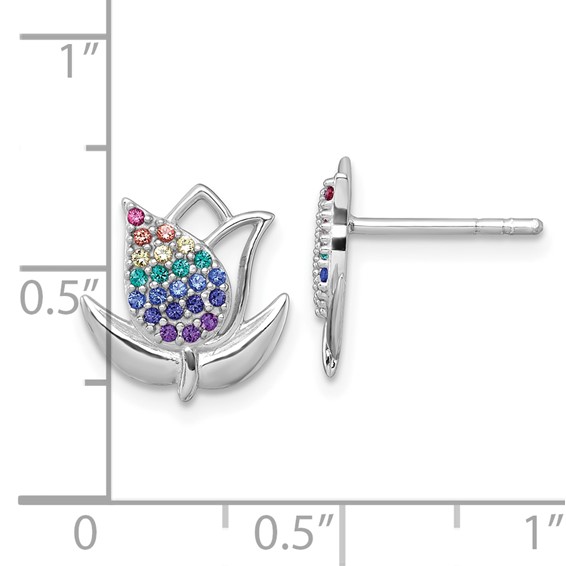 Sterling Silver Rhodium-plated Polished Rainbow Nano Crystals Tulip Post Earrings