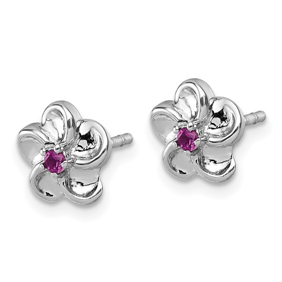 Sterling Silver Rhodium-plated Polished Red CZ Flower Post Earrings