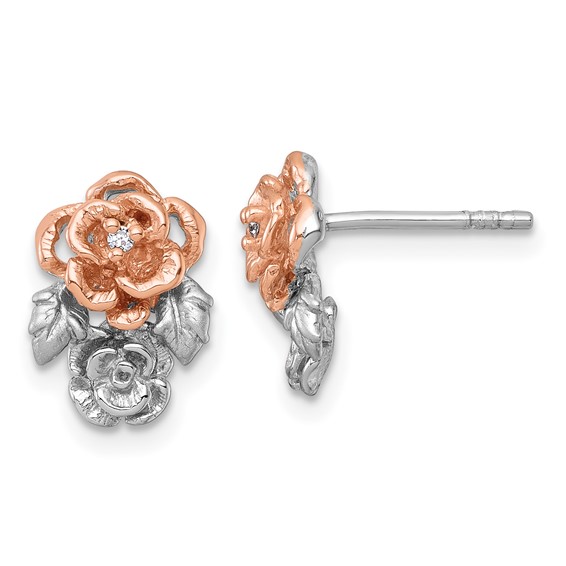 Sterling Silver Rhodium-plated and Rose Gold-plated CZ Flowers Post Earrings