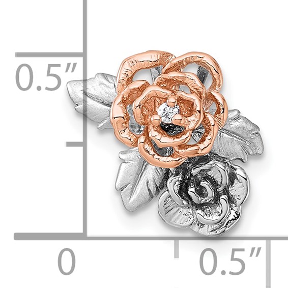 Sterling Silver Rhodium-plated and Rose Gold-plated CZ Flowers Chain Slide Pendant