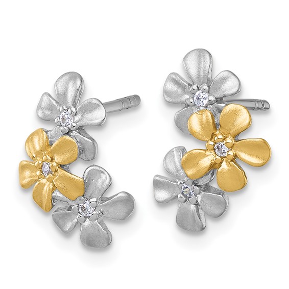 Sterling Silver Rhodium-plated and Gold-plated with CZ Three Flowers Post Earrings