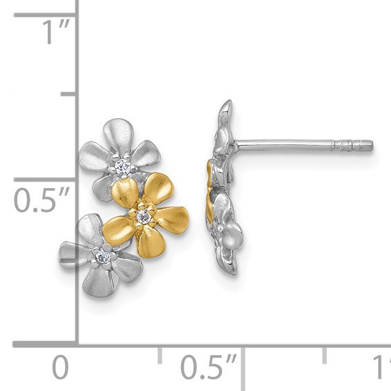 Sterling Silver Rhodium-plated and Gold-plated with CZ Three Flowers Post Earrings
