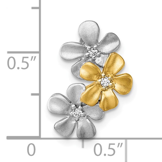 Sterling Silver Rhodium-plated and Gold-plated with CZ Three Flowers Chain Slide Pendant
