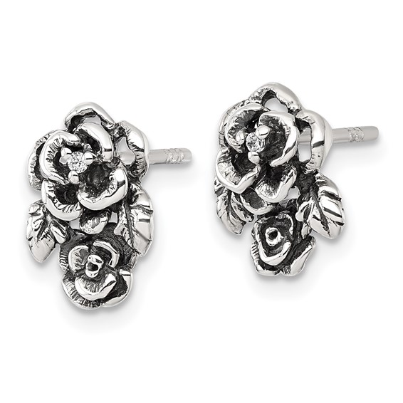 Sterling Silver Antiqued Polished CZ Flowers Post Earrings
